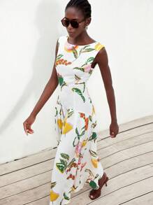 Aveloria Modichic 优雅淑女风无袖收腰低腰褶皱荷叶边下摆水果花卉印花连衣裙，适合通勤