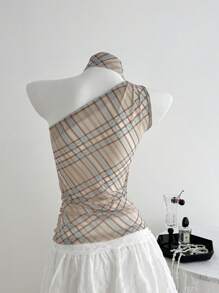 Elamini Women's Casual Sleeveless Halter Neck Grid Chiffon Hanging Ribbon Vest Top For Summer Vacation - Multicolor - View 2