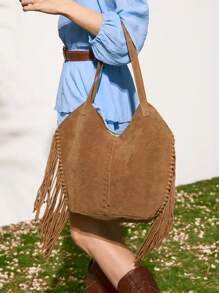 SHECARRY Women's Boho Suede Tote Bag With Tassel Trim - Rich Brown Large Capacity Shoulder Bag For Vacation, Travel & Daily Use, Stylish Spacious Chic Beach Bag