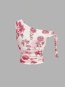 SHEIN MOD Asymmetrical Shoulder Floral Van Gogh Painting Blurry Flower Print Mesh Romantic Vacation Stretch Plus Size Top, Summer Tops, Tube Tops - Multicolor - View 2