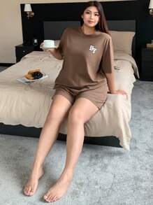 Dazy Plus Letter Print Crew Neck Loose Short Sleeve Top And Shorts Pajama Set