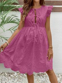 SHEIN Pregnant Women Casual Solid Color Hollow Embroidered Vacation Dress - Hot Pink - View 5