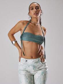 SHEIN X Scheana MUSERA Áo bra cổ yếm bằng da PU có khóa cài, thích hợp cho mùa xuân, hè, kỳ nghỉ, du lịch, Ibiza, lễ hội, tiệc tùng, cô nàng cá tính, phong cách đi chơi đêm. - màu xanh lá - Xem 2