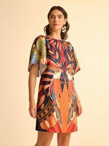 CAJUNI Vacation Casual Boho Toucan Tropical Retro Print, Ruffle Sleeve Hollow Back Loose Mini Dress For Women - Multicolor - View 5