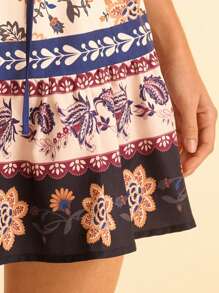 CAJUNI Váy ngắn đi biển mùa hè họa tiết hoa nhiệt đới Boho cho nữ cạp chun viền nhún - Nhiều màu - Xem 5