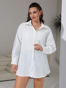 SHEIN EZwear Camisa Feminina Plus Size Com Bolso De Ombro Em Cor Sólida - Branco - View 6