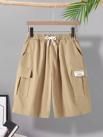 SHEIN 青少年男童休闲百搭舒适街头风格纯色梭织短裤，带 3D 口袋，适合通勤、上学、日常休闲、旅行、运动、春夏季