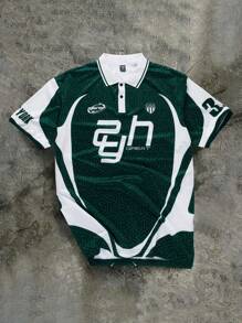 PAVTROS 男式拼色字母印花短袖 Polo 衫，夏季 - 綠色 - 查看 3