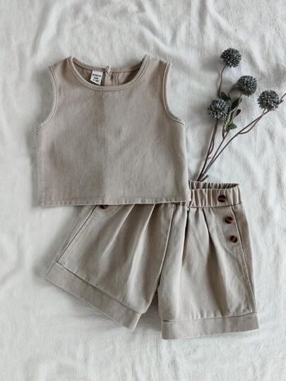 Vintaside Kids Babygirl Baby Girl Summer Korean Version Fashionable Sleeveless Denim Vest Paired With Versatile Wash Denim Shorts Set, Suitable For Vacation & Travel