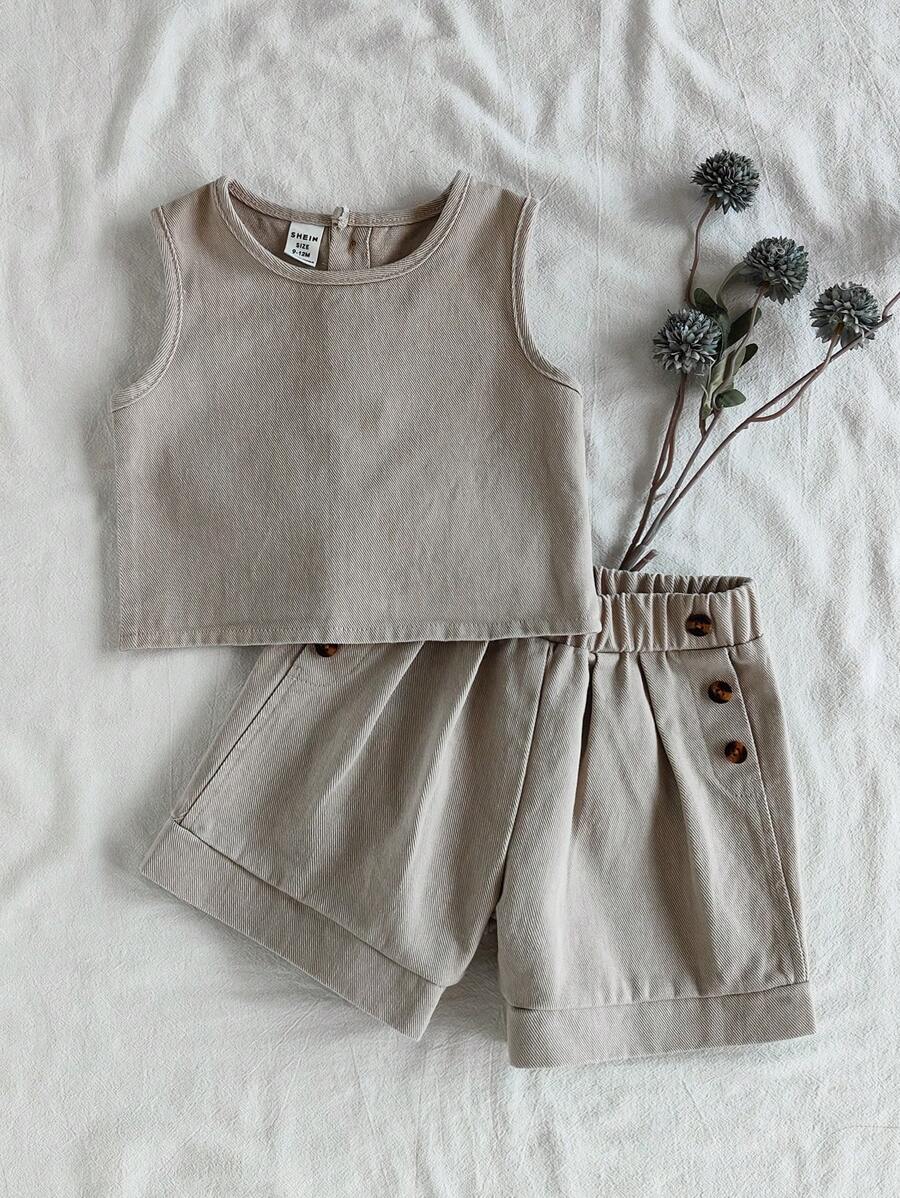 Vintaside Kids Babygirl女婴夏季韩版时尚无袖牛仔背心搭配百搭水洗牛仔短裤套装适合度假旅行 - 卡其色 - 查看 1