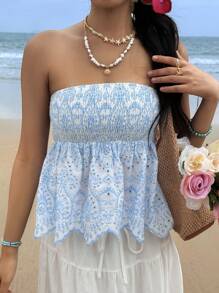 SHEIN EZwear Women Blue & White Hollow Embroidered Tube Top - Blue and White - View 5