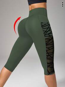 Easithlete 3/4 长度半透明网眼口袋拼接瑜伽紧身裤 - 軍綠色 - 查看 4