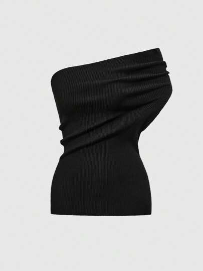 Grunge Punk Y2K Stylish Women Knitted Asymmetric Shoulder Fitted Cropped Top