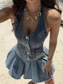DAZY 女式夏季露背系腰短款休闲性感牛仔短款上衣 - 中等水洗藍 - 查看 3