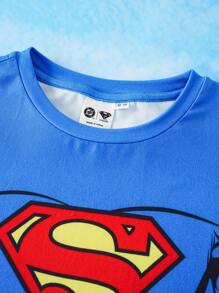SUPERMAN X SHEIN Conjunto de camiseta de manga corta casual azul con diseño de superhéroe de dibujos animados y shorts sueltos negros para niño preadolescente - Multicolor - Ver 9