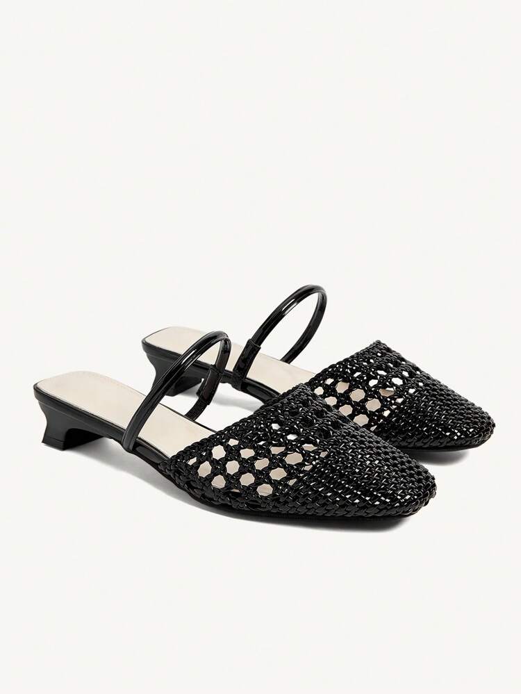 CUCCOO CHICEST Women's Woven Hollow Square Toe Chunky Heel Low Heel Elegant Vacation Casual Comfortable Minimalist Black Woven PU Leather Ladies' High Heel Slide Mule Sandals, Spring/Summer New Vacation Style, Afternoon Tea Chic Beach Outfit