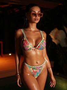 Swim Mod 2Pcs/Set Women Plant Print Ruffle Design Tankini Swimsuit Set For Summer Beach Vacation - Multicolor - View 5