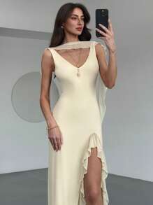 Aloruh 浪漫优雅的女士高开衩连衣裙，深 V 领设计，金属扣露背绑带，杏色