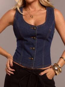 SHEIN Forever 21 Women Romantic/Prom/Formal/Birthday/90s /Business Casual Woman/Elegant/Western Wear/Going Out/Fashion/Casual/Y2k /Club/Office /Cocktail/Vintage/Bodycon/Rave Festival/Funny/Classy/Old Money/Streetwear/Vacation/Country Concert /Work /Modest/Spring Break/Bachelorette /Concert/Baddie/Basic/Graduation/Fitted/Cowgirl /Commuting Fairy Style Denim Top - Blue - View 5