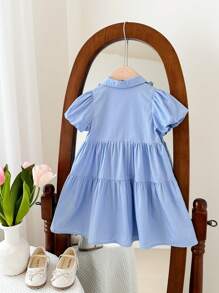 SHEIN Vestido de Manga Curta com Laço Fofinho e Babado para Bebê Menina, Estilo Escola de Verão