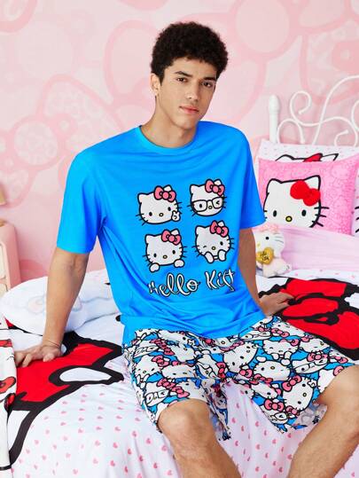HELLO KITTY AND FRIENDS | SHEIN 男士卡通印花短袖上衣和短裤睡衣套装，夏季