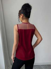 SHEIN Unity 女士圆领无袖透视花衬衫，浪漫优雅的度假装 - 酒紅色 - 查看 2
