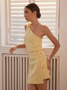 Uhlyne Blumiges Patchwork Design One-Shoulder Top & Mini Rock Set, Sommer Neuankömmling