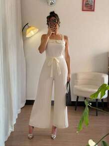 SHEIN Unity 女士休闲腰带蝴蝶结褶皱连体裤，春夏季简约风格 - 杏色 - 查看 1