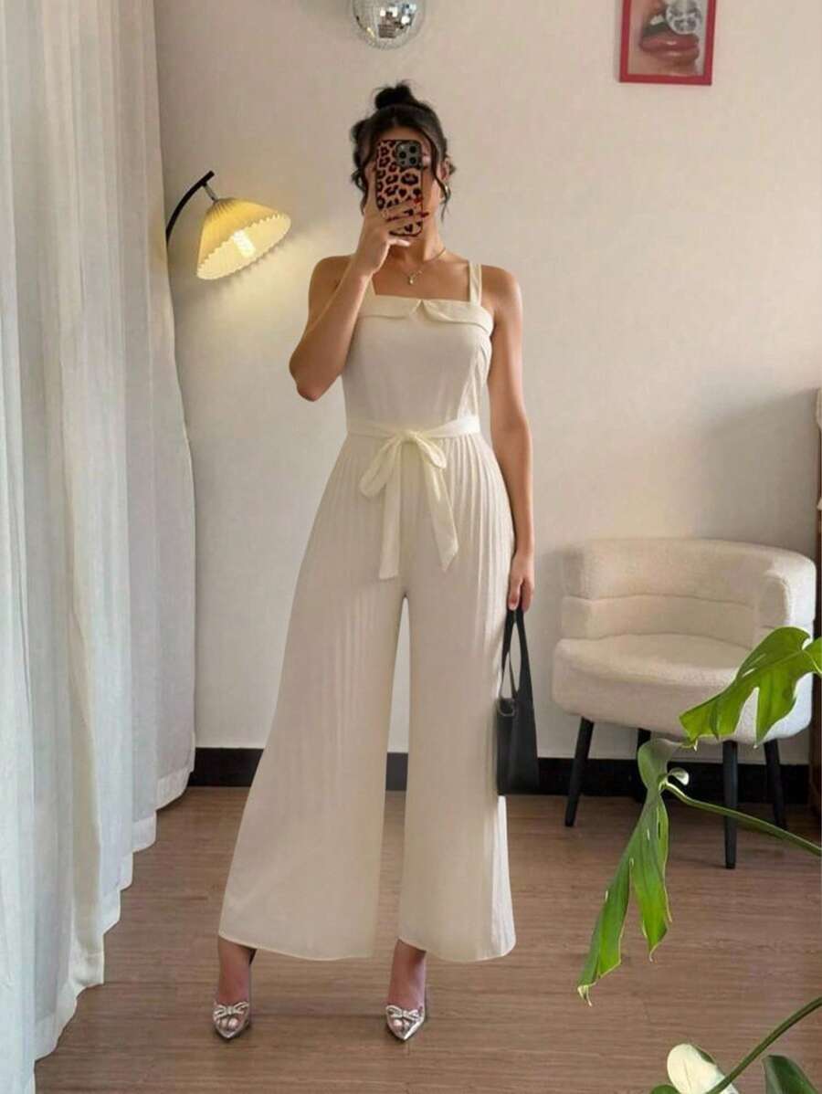 SHEIN Unity 女士休闲腰带蝴蝶结褶皱连体裤,春夏季简约风格 - 杏色 - 查看 1