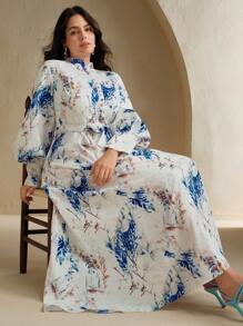 Anewsta Plus Size Women's Long Sleeve Elegant Flared A-Line Dress, New Style - Blue - View 1