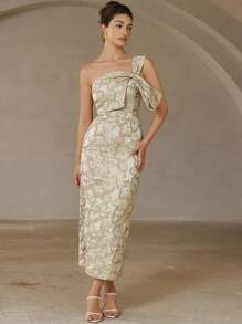 Aveloria Rosie Đầm dài dự tiệc sang trọng thanh lịch cổ điển mới cho quý cô, trang trí nơ chéo vai bất đối xứng, bó sát cơ thể, không tay, vải jacquard - Nhiều màu - Xem 7