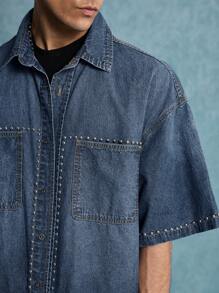 Street Life Men's Fashionable Rhinestone Denim Shirt, Suitable For Summer - Blue - View 2