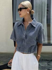 Livesso Chaqueta corta de mezclilla con cierre parcial de cremallera y manga corta de unicolor, casual de verano para mujer - Azul - Ver 5