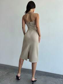 Firerie Nuevo estilo de vestido casual y elegante de verano con apariencia de lino, con doble cinturón, hombros descubiertos y abertura - Caqui - Ver 7