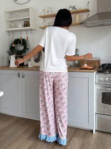 Eraneu Cute Cat Print Short Sleeve Top And Bow Print Long Pants Pajama Set Bowknot Bow Tie  Cozy And Elegant Details - White - View 2