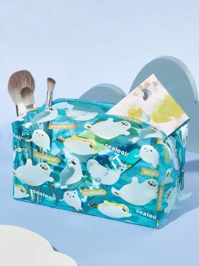 SEALOOK X SHEIN 1pc Large Capacity Transparent Makeup Bag With Cartoon Animal Patterns, Versatile Organizer, Small Item Storage Bag, Travel Storage Bag, Digital Storage Bag, Suitable For Everyday Essentials, Travel, Office Use, Makeup, Or Studying, Suitable For Women, Men, And Students, Seal, #001, #002, #006, #011, #031