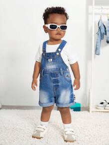 Denimly Toddler Boys Casual Daily Urban Street Style Distressed Design Comfortable Washed Denim Bib Shorts - Medium Wash - View 5