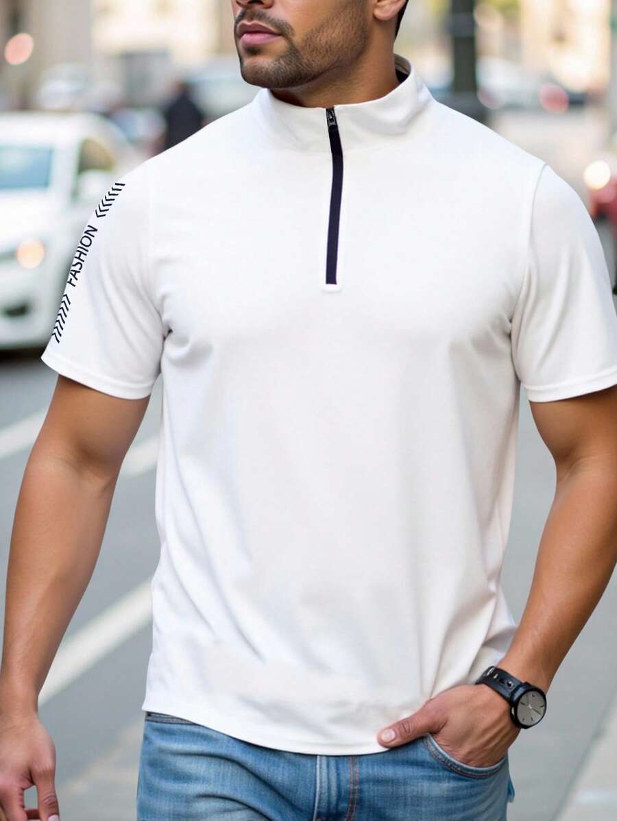 Manfinity Homme 男士休闲夏季字母印花立领短袖T恤 - 白色 - 查看 1