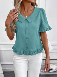 SHEIN Clasi 女士纯色前扣短袖休闲上衣，日常穿着，外出上衣，女士夏季 - 青碧色 - 查看 6