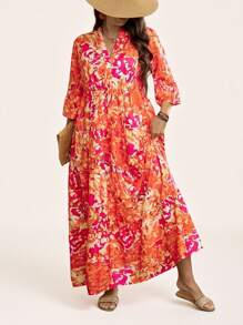 SHEIN LUNE Đầm dài rộng rãi họa tiết màu cam-đỏ mùa hè cho nữ cỡ lớn đi nghỉ mát Boho - trái cam - Xem 7