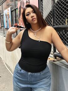 SHEIN EZwear Plus Size Sleeveless One Shoulder Slim Fit Women's Top For Summer