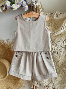 Vintaside Kids Babygirl女婴夏季韩版时尚无袖牛仔背心搭配百搭水洗牛仔短裤套装适合度假旅行 - 卡其色 - 查看 3