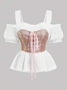 SHEIN MOOSTA Camisa de estilo francés de patchwork para mujeres de talla grande - Rosa - Ver 1