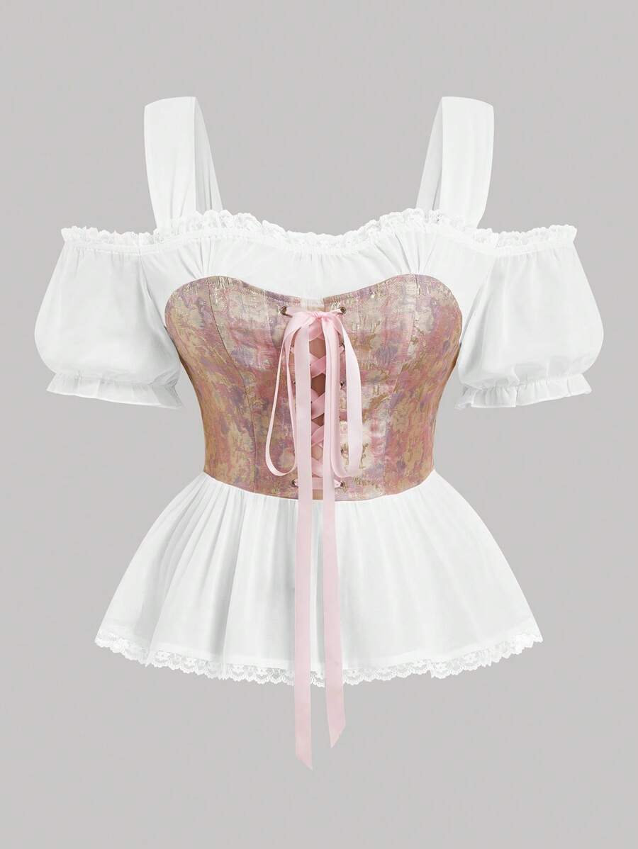 SHEIN MOOSTA Camisa de estilo francés de patchwork para mujeres de talla grande - Rosa - Ver 1