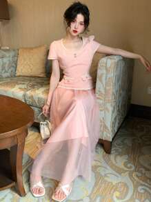 xheDAZY Vestido de media pantorrilla de malla de 2 en 1 para mujer, para primavera/veranoxhe - Rosa - Ver 3