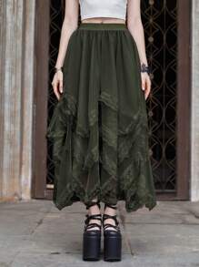 ROMWE Goth 女式纯色撞色蕾丝不对称下摆网眼A字裙 - 綠色 - 查看 5