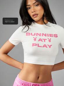 Missguided x Playboy Bunnies At Play 短款 T 恤运动健身家居服短袖休闲夏季春季时尚街头服饰上衣 - 白色 - 查看 8
