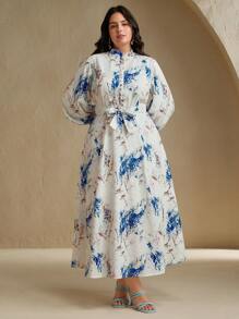 Anewsta Plus Size Women's Long Sleeve Elegant Flared A-Line Dress, New Style - Blue - View 4