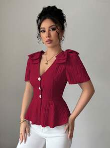 Elenzga Nueva blusa de mujer de tela tejida, elegante y refinada, con cuello en V, diseño de lazo, botones delanteros y unicolor, versátil y estilizadora - Burdeos - Ver 4