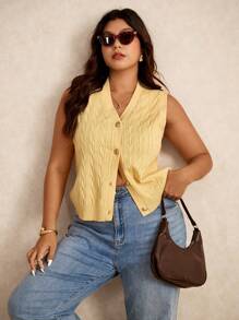 Elaquor Plus Size Women's Solid Color Cable Pattern Single-Breasted Casual Knitted Vest,Business Casual Woman In Fall/Winter - Yellow - View 3